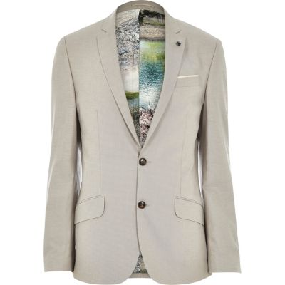 Beige linen-blend print slim suit jacket